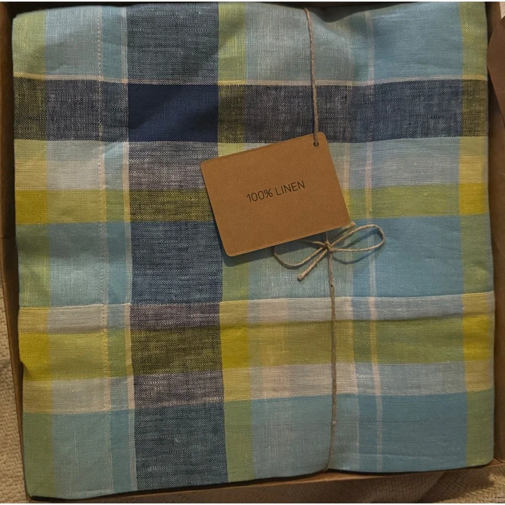 Solino Home Summer Madras Plaid 100% Pure Linen Tablecloth Blue 60 x 108 Rect